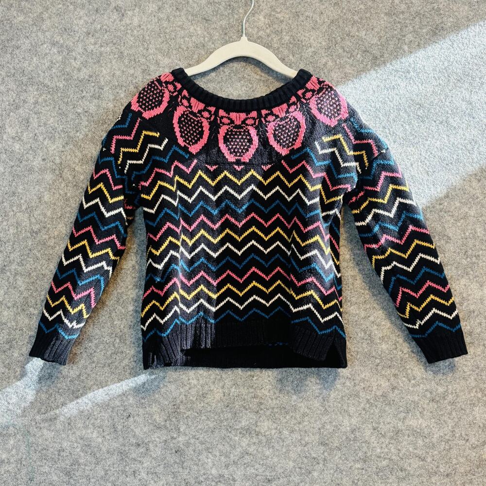 Hanna Andersson Sweater Girls Size 5 Black Pullover Owl Yoke Chevron Crewneck